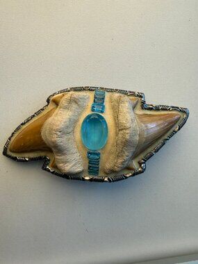 Rare Paul Pearman sigend Megalodon shark tooth & aquamarine Gem belt buckle